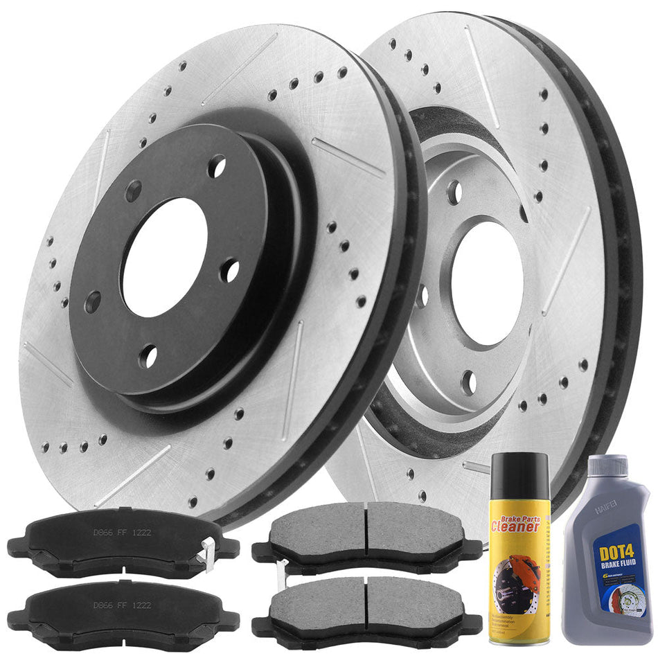 Drilled & slotted front brake rotors with ceramic pads for Chrysler, Dodge, Jeep, Mitsubishi vehicles