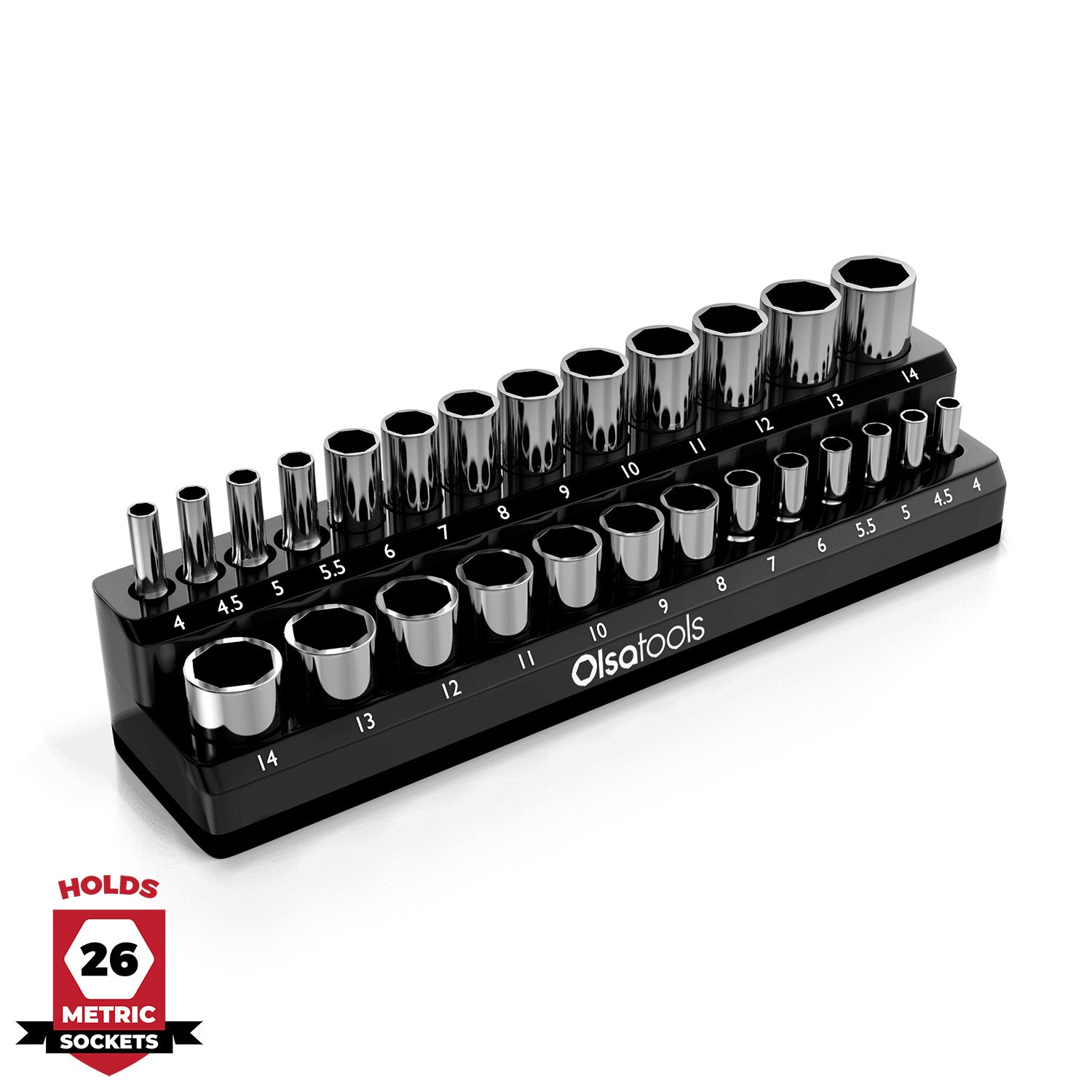 	2-row magnetic socket organizer holding 1/4", 3/8", and 1/2" drive sockets