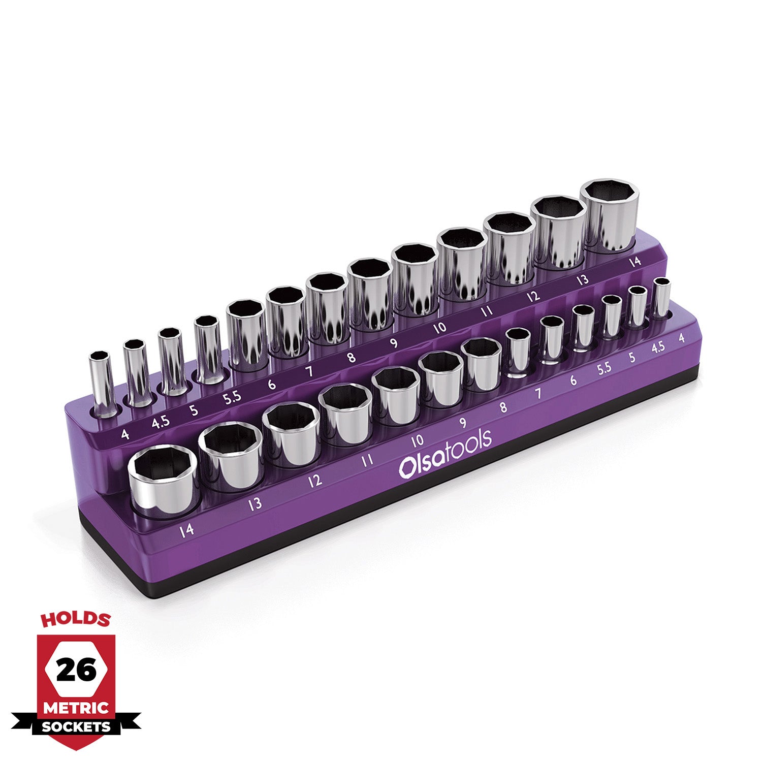 2-row magnetic socket organizer holding 1/4", 3/8", and 1/2" drive sockets