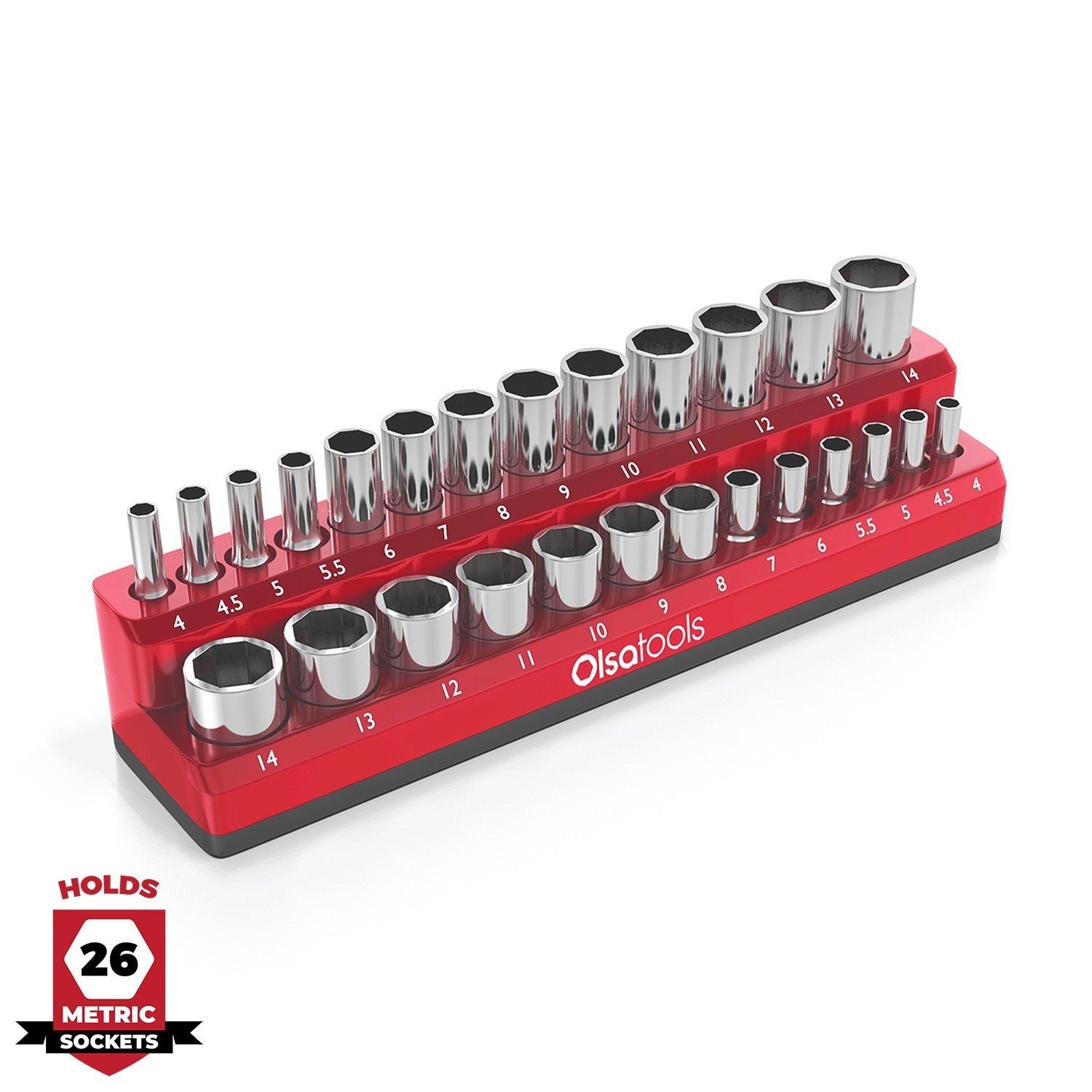 2-row magnetic socket organizer holding 1/4", 3/8", and 1/2" drive sockets
