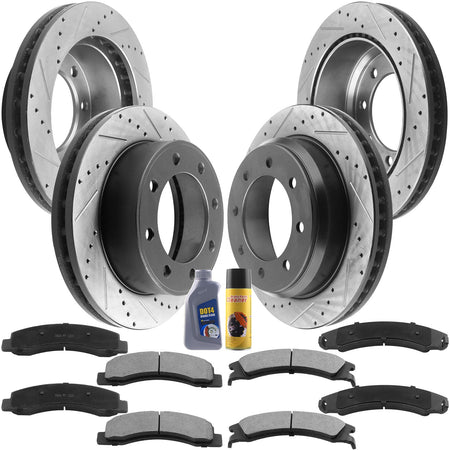 Front and rear drilled brake rotors and ceramic pads for Ford 8-lug 4WD