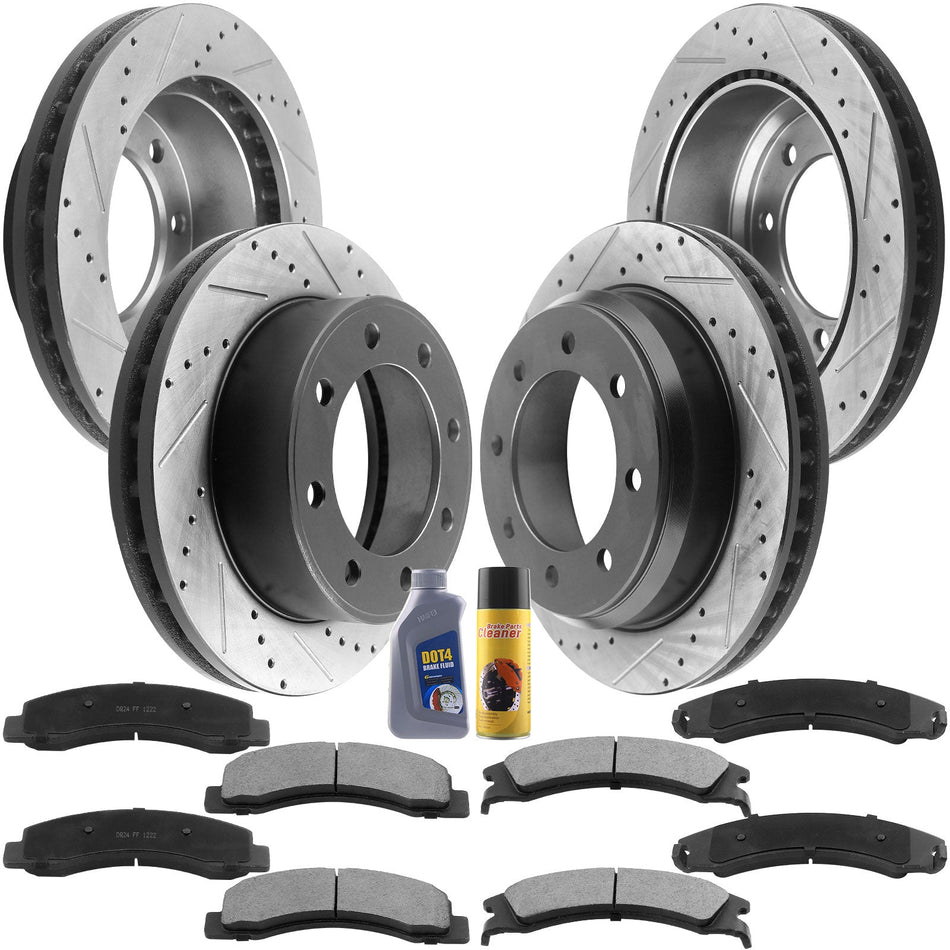 Front and rear drilled brake rotors and ceramic pads for Ford 8-lug 4WD
