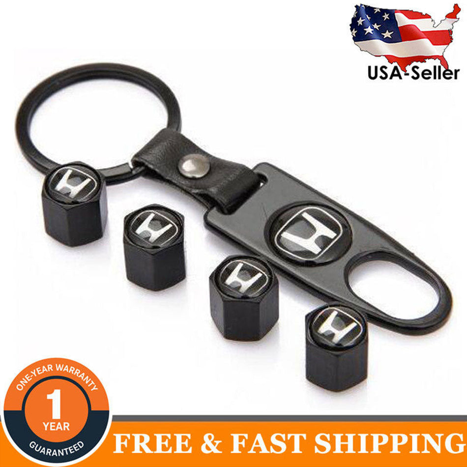 Set of 4 Honda tire valve stem caps with dust covers and matching keychain