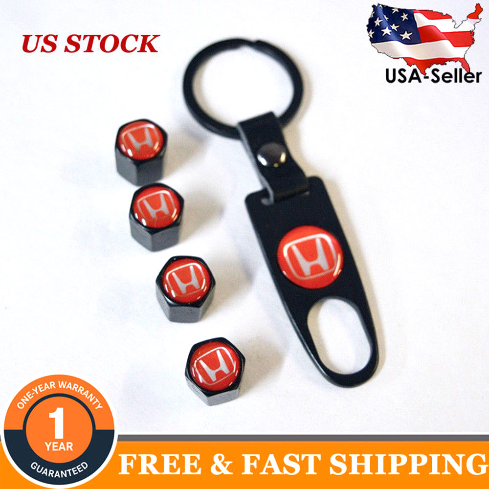 Red Tire Valve Stem Caps and Keychain Set for Honda Vehicles