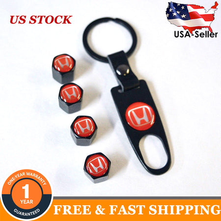 Red Tire Valve Stem Caps and Keychain Set for Honda Vehicles