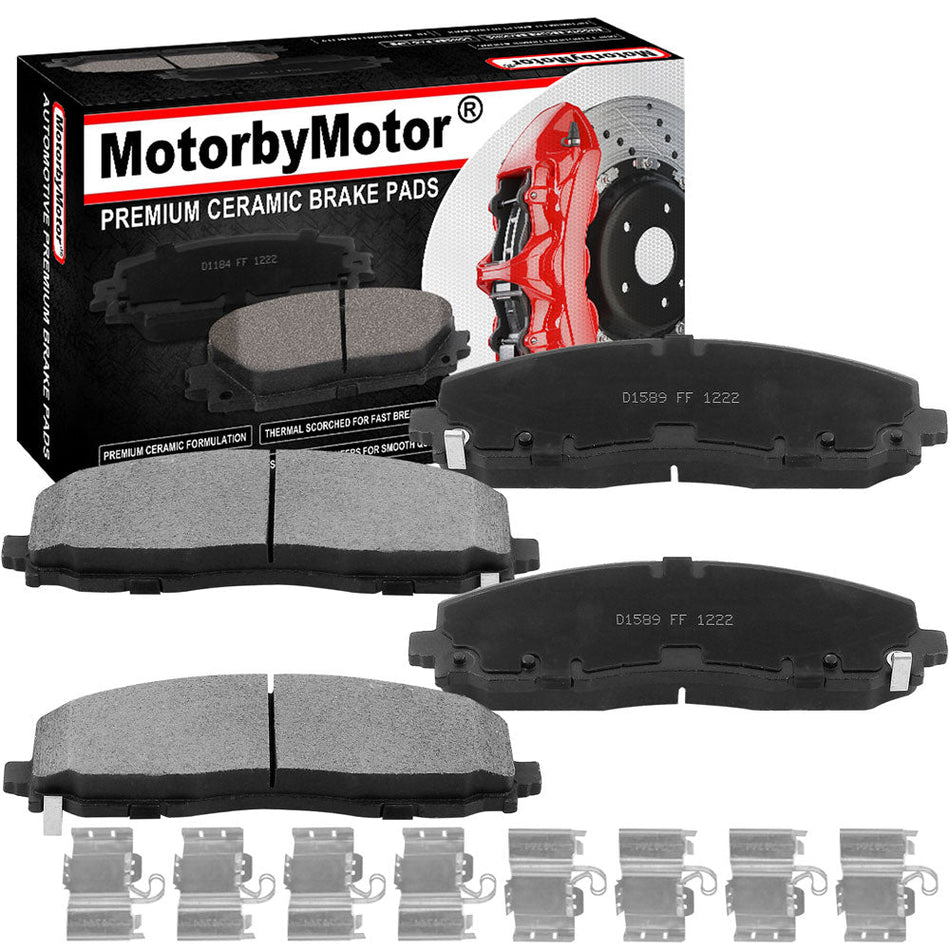 Ceramic brake pads with hardware kits for Chrysler, Dodge, Jeep, Ram, Volkswagen vehicles