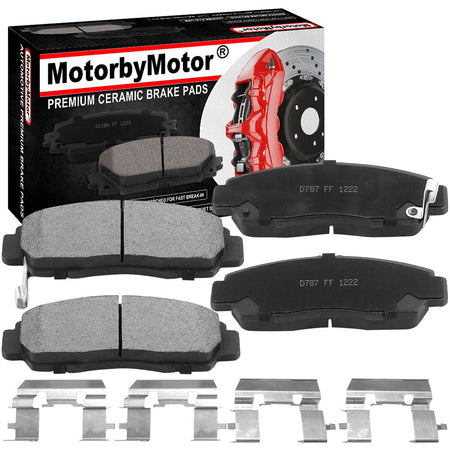 Front ceramic brake pads with hardware for Acura and Honda vehicles