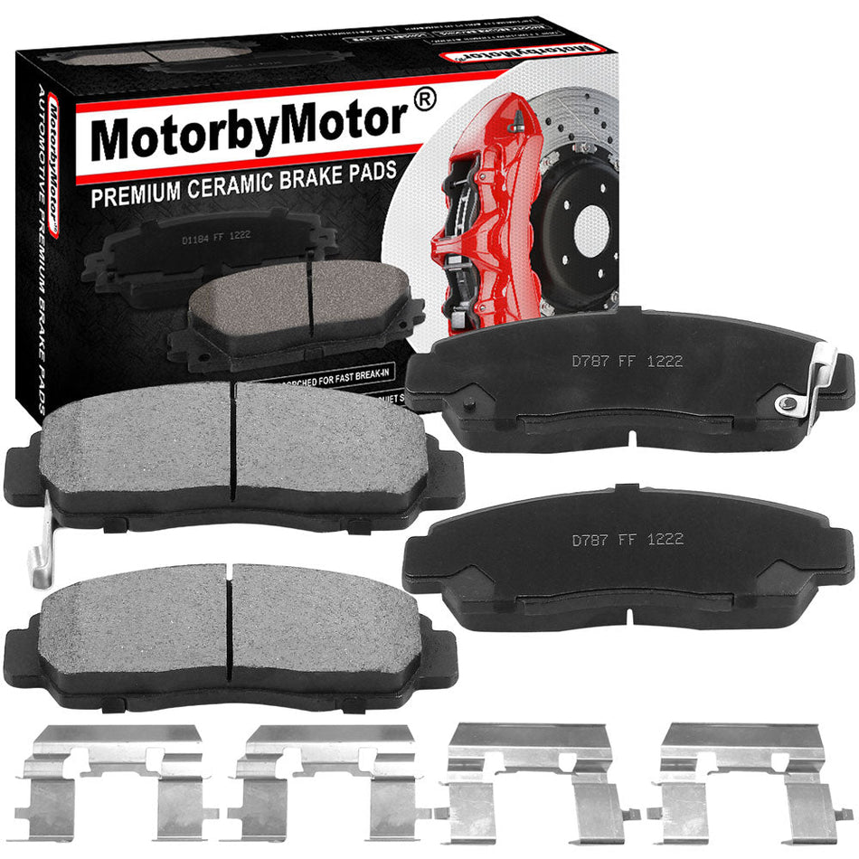 Front ceramic brake pads with hardware for Acura and Honda vehicles