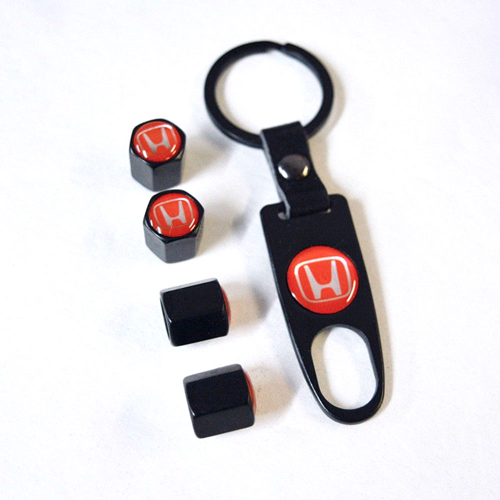 Red Tire Valve Stem Caps and Keychain Set for Honda Vehicles