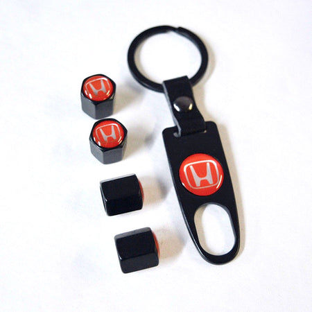 Red Tire Valve Stem Caps and Keychain Set for Honda Vehicles