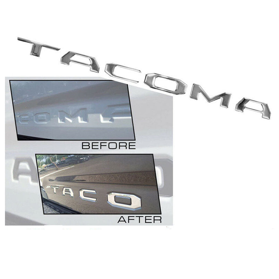 Chrome Tacoma tailgate letter inserts for 2016-2023 models - 3D ABS OEM-fit emblem