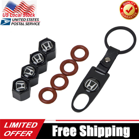 Set of 4 Honda tire valve stem caps with dust covers and matching keychain