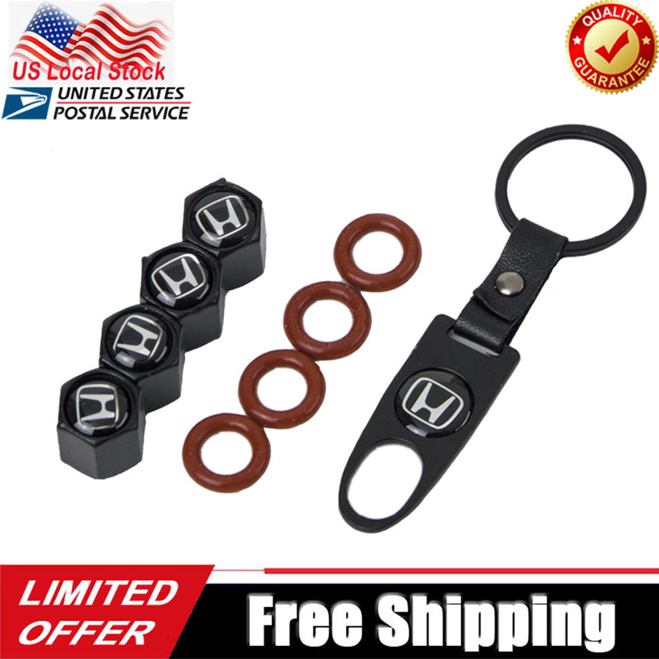 Set of 4 Honda tire valve stem caps with dust covers and matching keychain