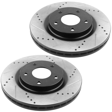 Drilled & slotted front brake rotors with ceramic pads for Chrysler, Dodge, Jeep, Mitsubishi vehicles