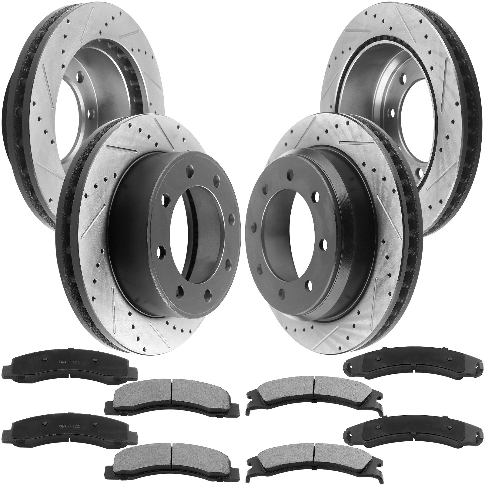 Front and rear drilled brake rotors and ceramic pads for Ford 8-lug 4WD