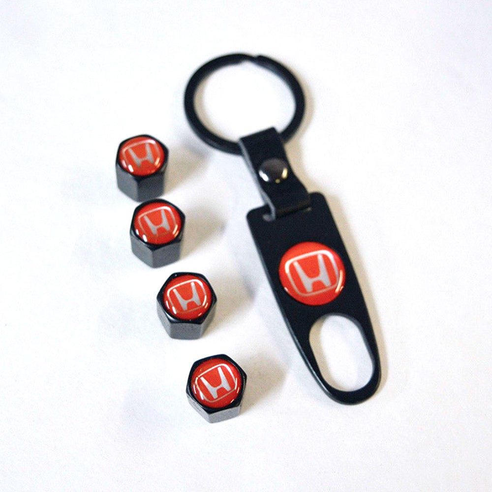 Red Tire Valve Stem Caps and Keychain Set for Honda Vehicles