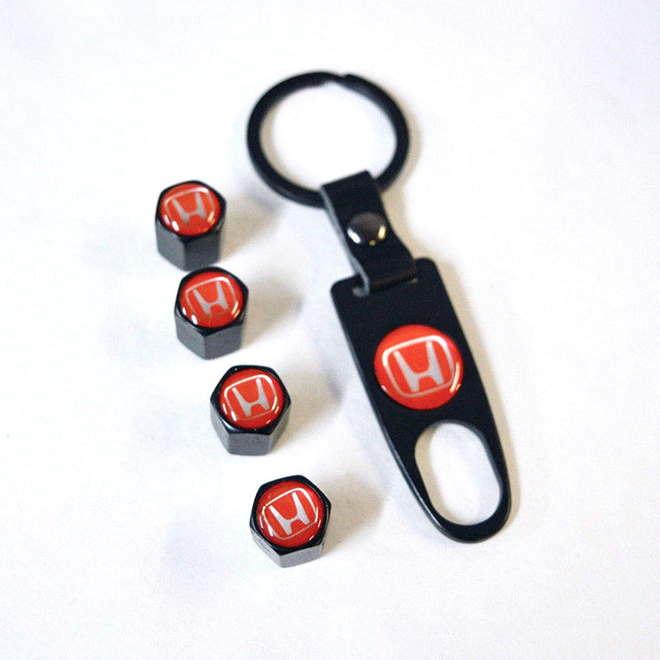 Red Tire Valve Stem Caps and Keychain Set for Honda Vehicles