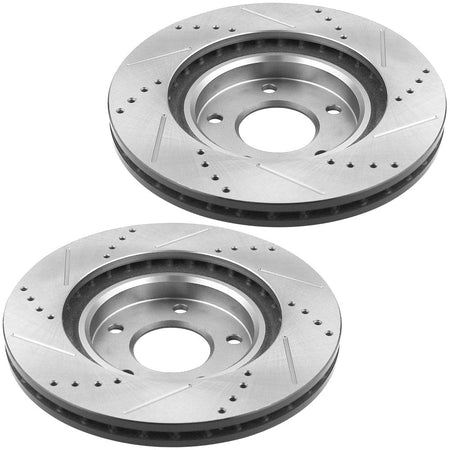 Drilled & slotted front brake rotors with ceramic pads for Chrysler, Dodge, Jeep, Mitsubishi vehicles