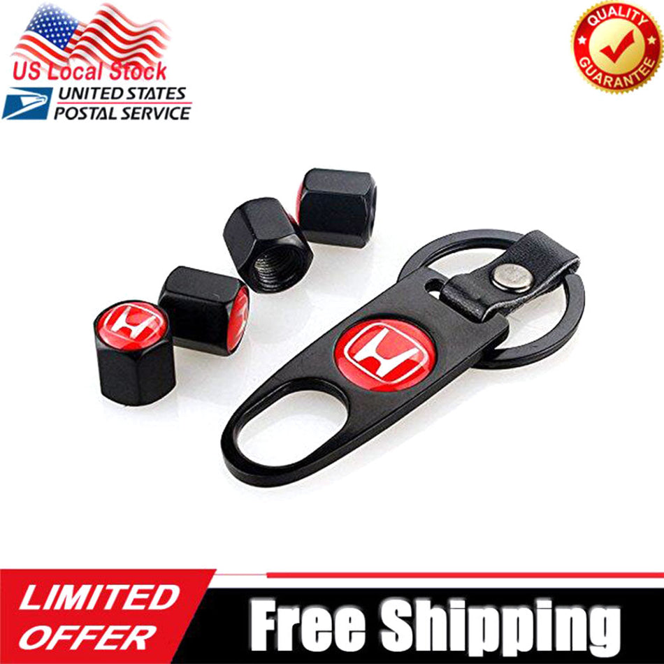 Red Tire Valve Stem Caps and Keychain Set for Honda Vehicles