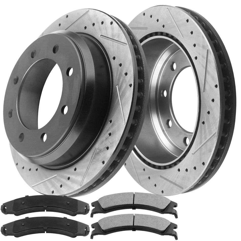 Front drilled & slotted brake rotors with ceramic pads for Ford F-250, F-350 and Excursion
