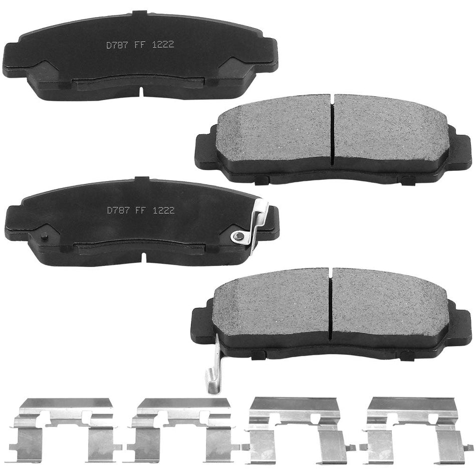 Front ceramic brake pads with hardware for Acura and Honda vehicles
