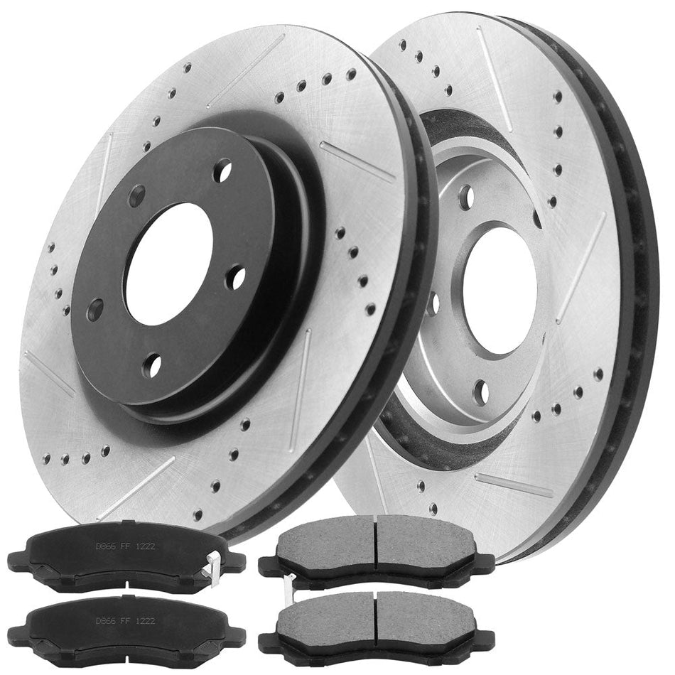 Drilled & slotted front brake rotors with ceramic pads for Chrysler, Dodge, Jeep, Mitsubishi vehicles