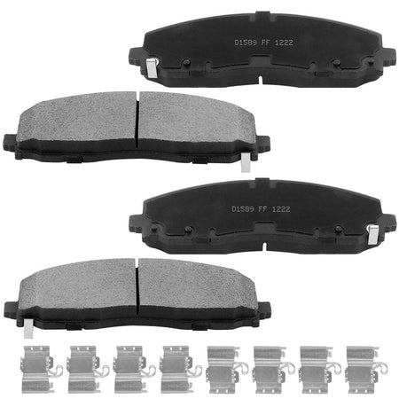Ceramic brake pads with hardware kits for Chrysler, Dodge, Jeep, Ram, Volkswagen vehicles