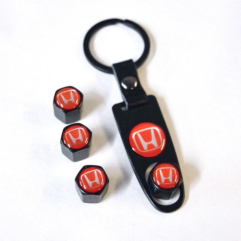 Red Tire Valve Stem Caps and Keychain Set for Honda Vehicles