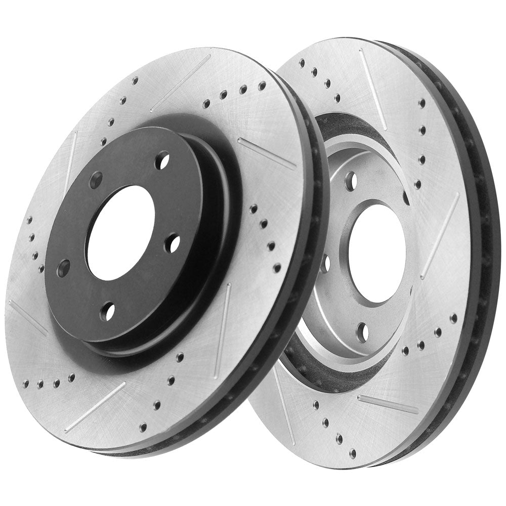 Drilled & slotted front brake rotors with ceramic pads for Chrysler, Dodge, Jeep, Mitsubishi vehicles