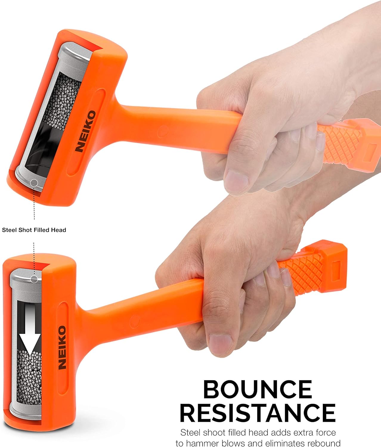 2 LB Dead Blow Hammer - Polyurethane Head, Non-Slip Grip, Orange