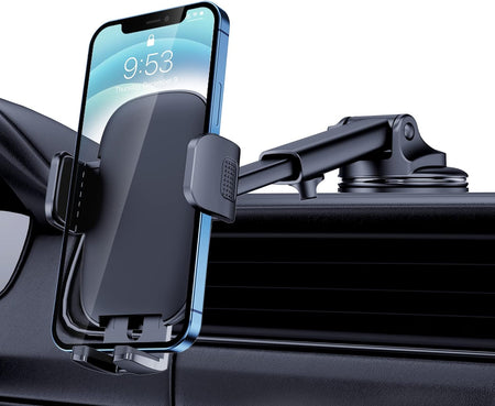 Adjustable 360° car phone mount for dashboard, windshield, and air vent. Universal fit for smartphones.
