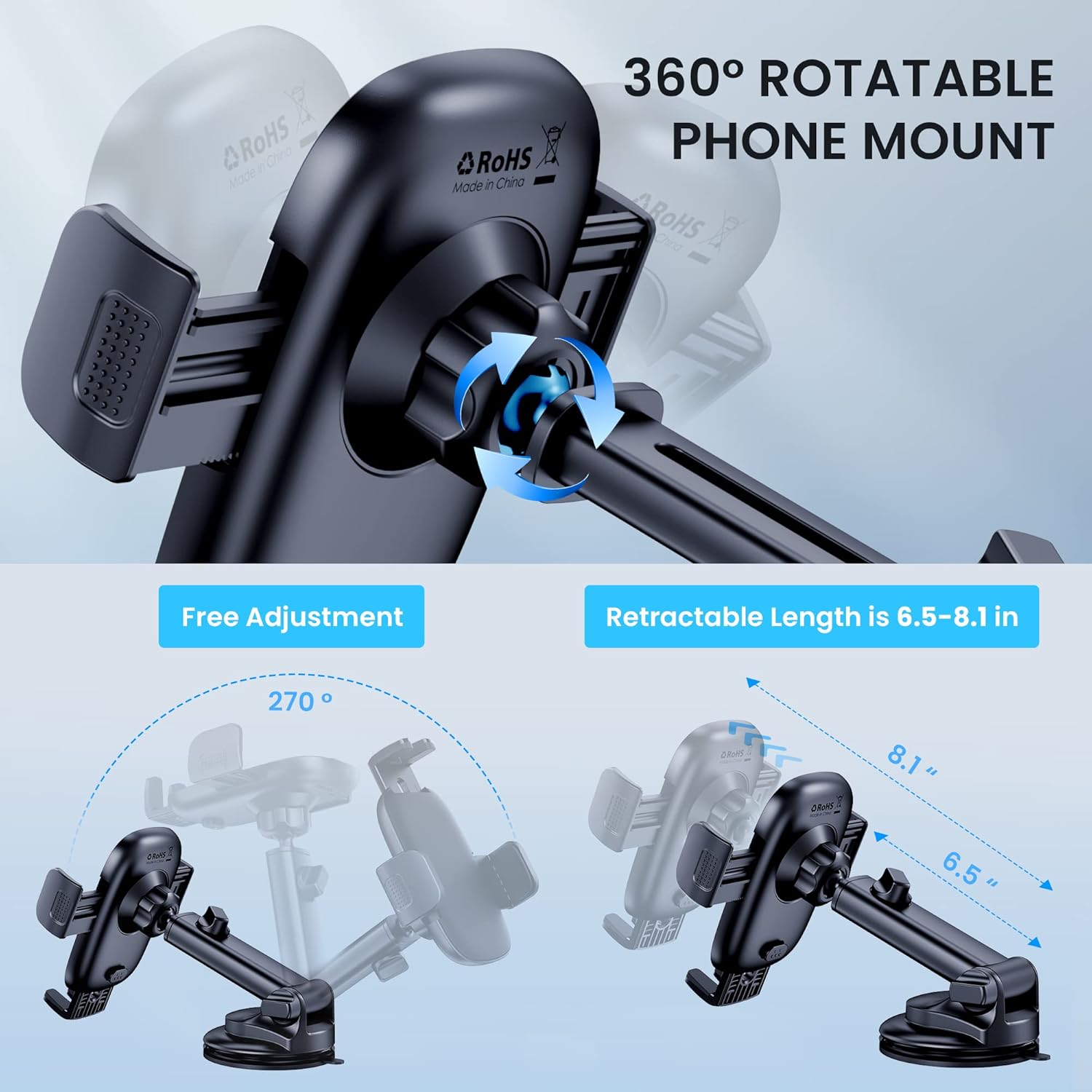Adjustable 360° car phone mount for dashboard, windshield, and air vent. Universal fit for smartphones.