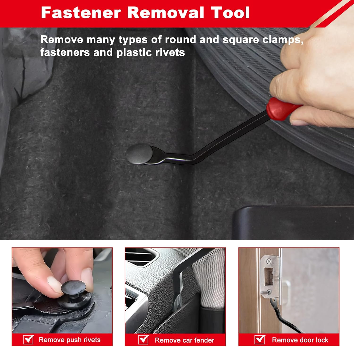3-piece auto trim removal tool set with ergonomic handles for fastener and clip removal.
