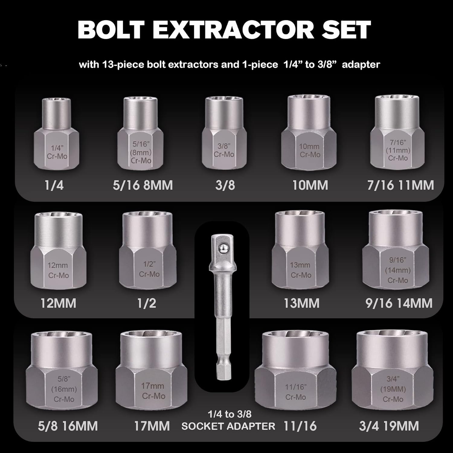 13-Piece Bolt & Nut Remover Set, Chrome Molybdenum Steel Extractor Kit