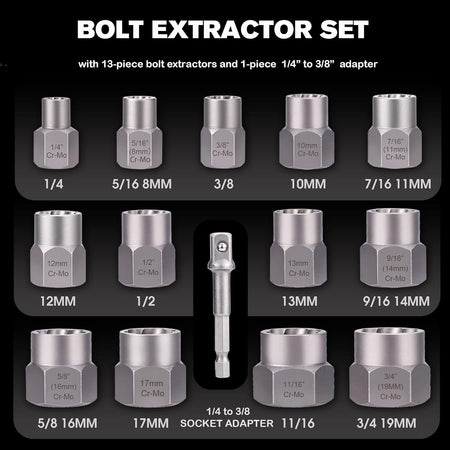 13-Piece Bolt & Nut Remover Set, Chrome Molybdenum Steel Extractor Kit