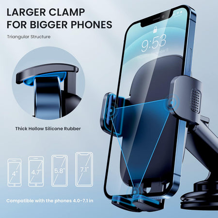 Adjustable 360° car phone mount for dashboard, windshield, and air vent. Universal fit for smartphones.