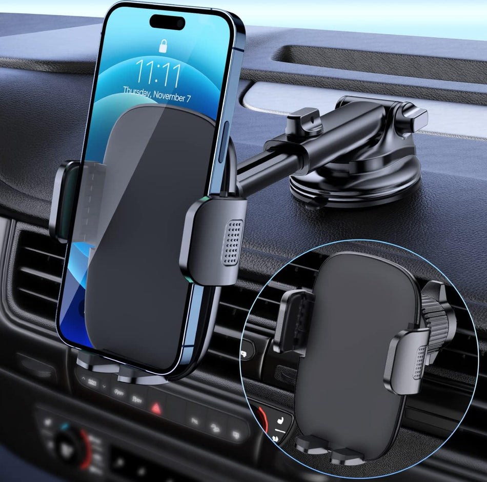 Adjustable 360° car phone mount for dashboard, windshield, and air vent. Universal fit for smartphones.
