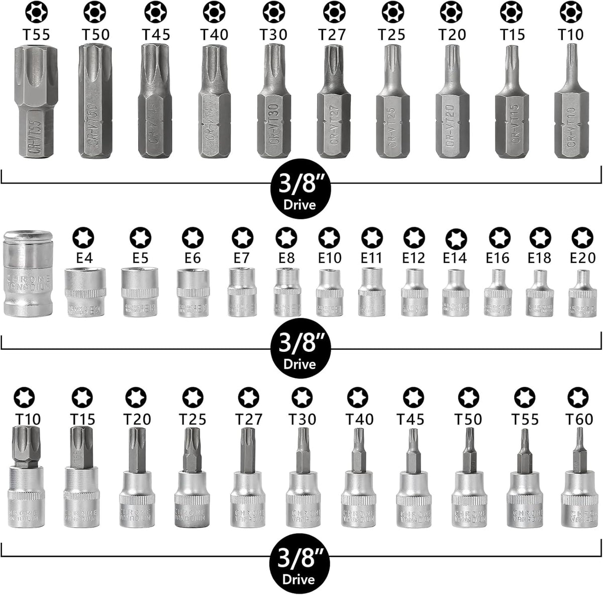 34-Piece Torx Bit Socket Set in Chrome Vanadium Steel