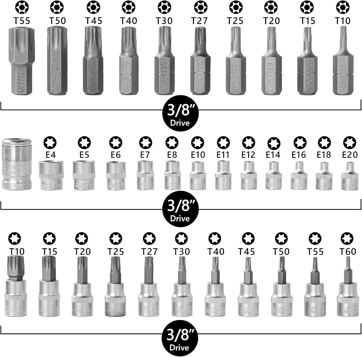 34-Piece Torx Bit Socket Set in Chrome Vanadium Steel