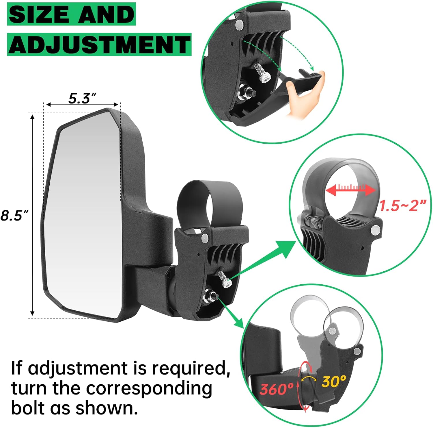 UTV Side Mirrors with Auto Reset and Wide View for 1.5"-2.0" Roll Cages