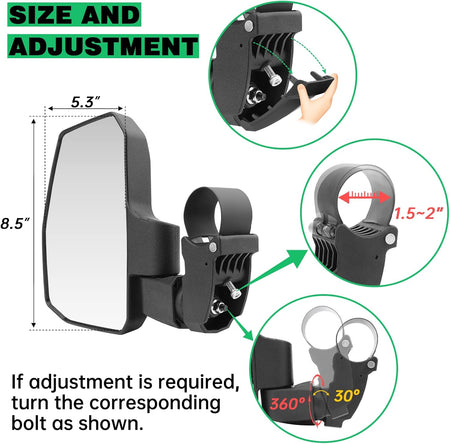 UTV Side Mirrors with Auto Reset and Wide View for 1.5"-2.0" Roll Cages