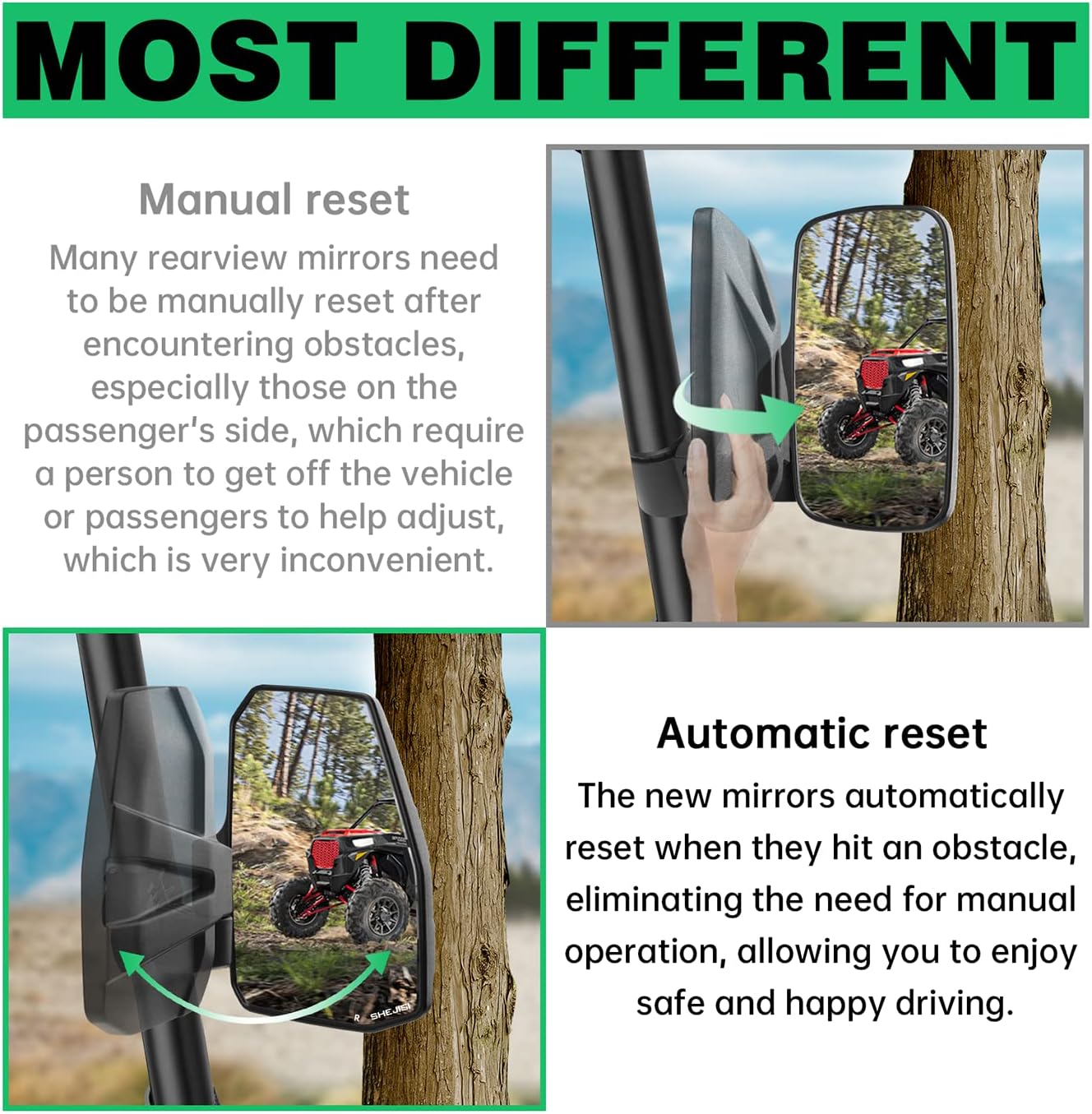 UTV Side Mirrors with Auto Reset and Wide View for 1.5"-2.0" Roll Cages