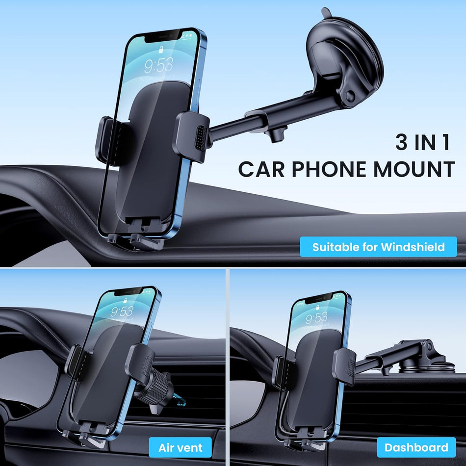 Adjustable 360° car phone mount for dashboard, windshield, and air vent. Universal fit for smartphones.