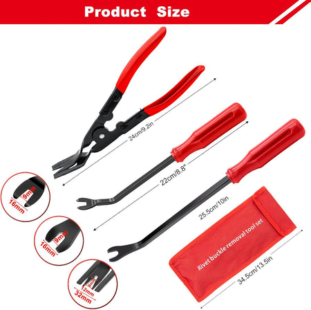 3-piece auto trim removal tool set with ergonomic handles for fastener and clip removal.