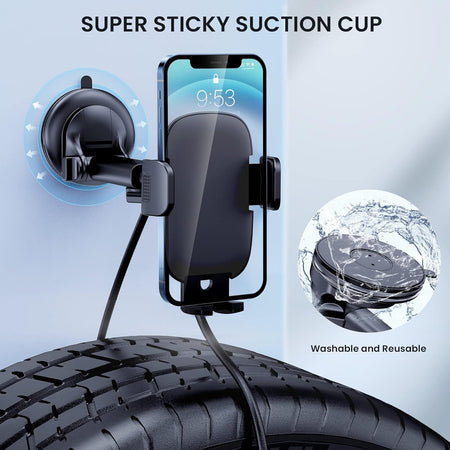 Adjustable 360° car phone mount for dashboard, windshield, and air vent. Universal fit for smartphones.