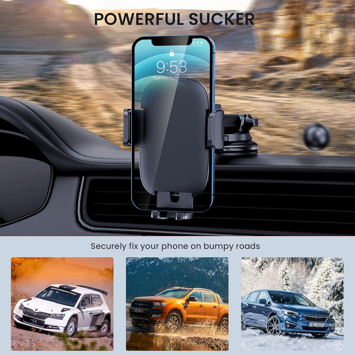 Adjustable 360° car phone mount for dashboard, windshield, and air vent. Universal fit for smartphones.
