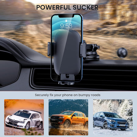 Adjustable 360° car phone mount for dashboard, windshield, and air vent. Universal fit for smartphones.