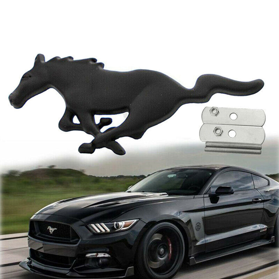 Ford Mustang Black Running Horse Emblem - Front Grille Badge with Hardware Kit