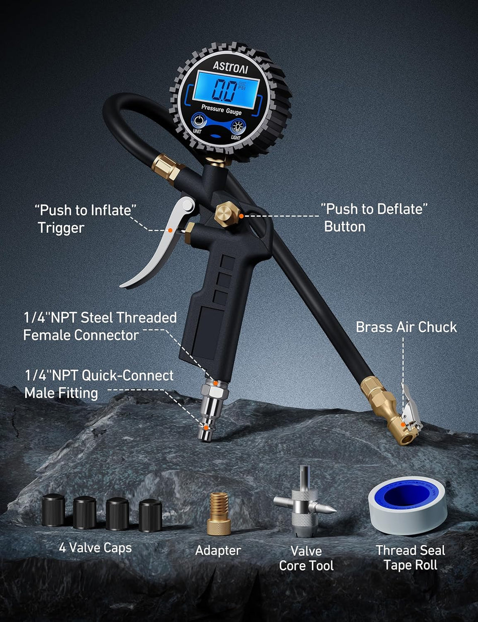 Digital Tire Pressure Gauge with Inflator - 250 PSI, Quick Connect
