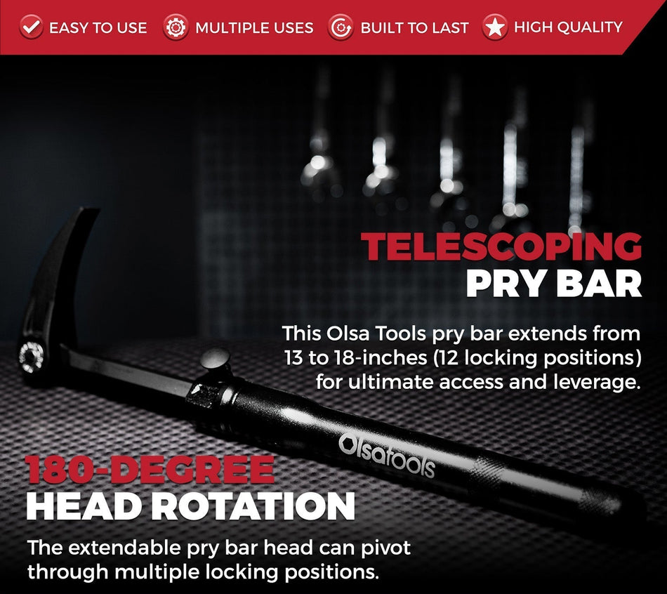 Extendable pry bar with adjustable length and pivoting head